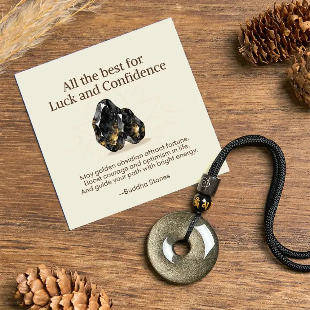 Buddha Stones ’All the best for Luck and Confidence’ Obsidian Necklace Includes Gift Message Card - BWOOOH - Gold Sheen