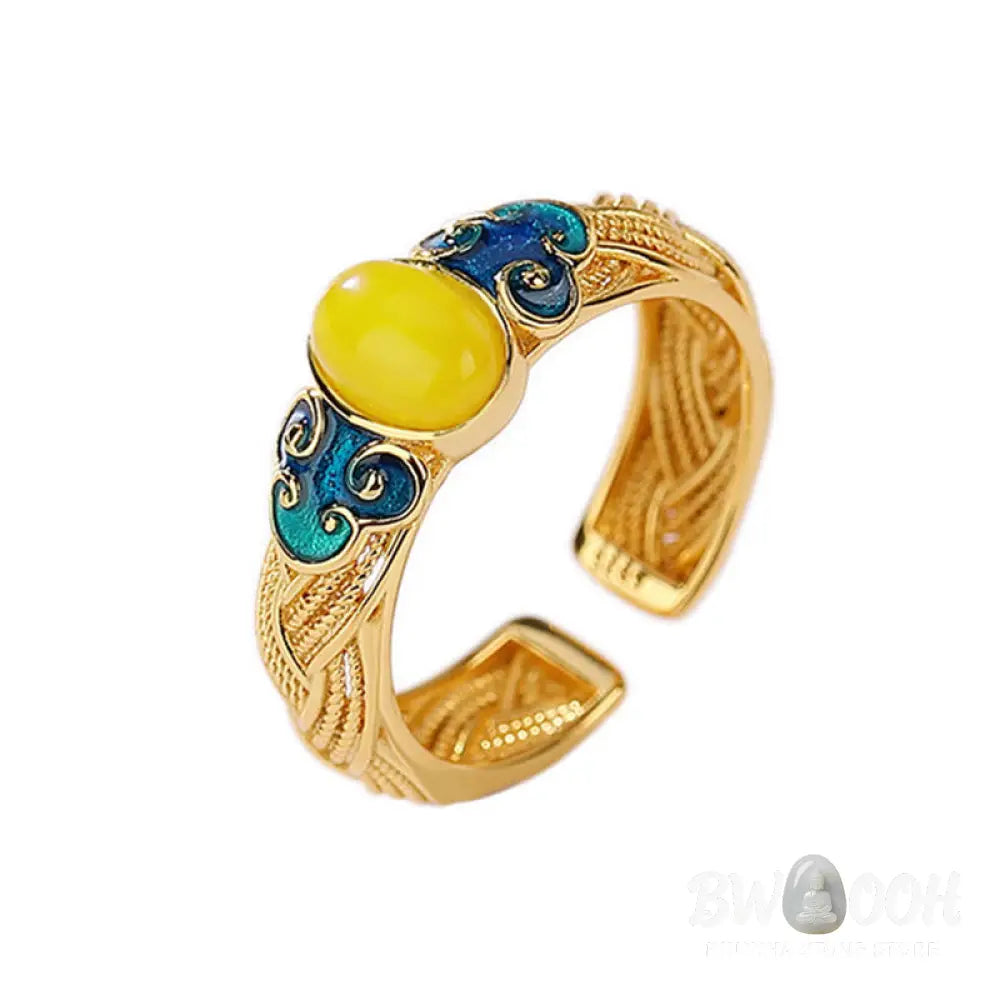 Buddha Stones Amber Copper Auspicious Clouds Focus Adjustable Ring - 17mm(Adjustable)/US5-7(Adjustable) - Ring