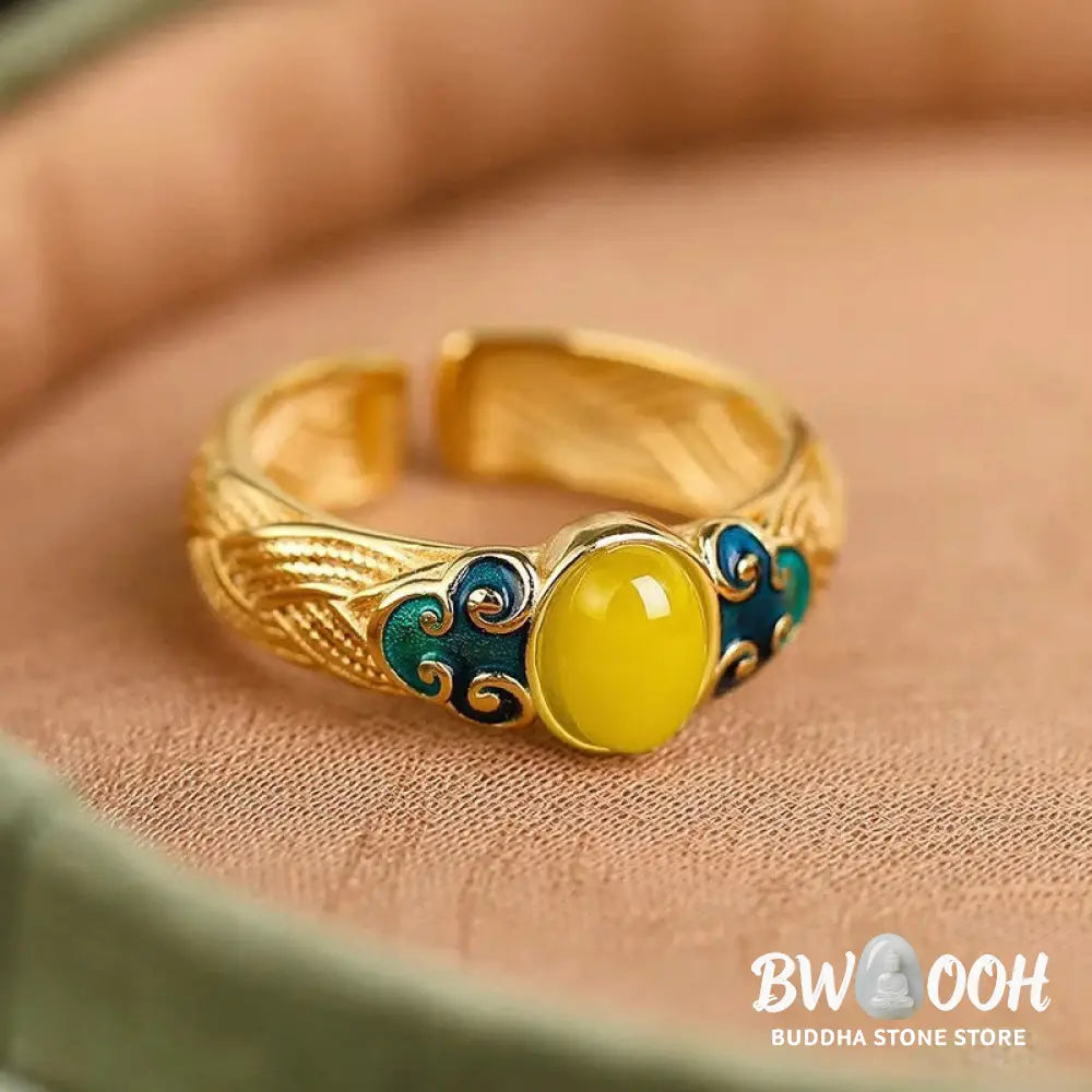 Buddha Stones Amber Copper Auspicious Clouds Focus Adjustable Ring - 17mm(Adjustable)/US5-7(Adjustable) - Ring