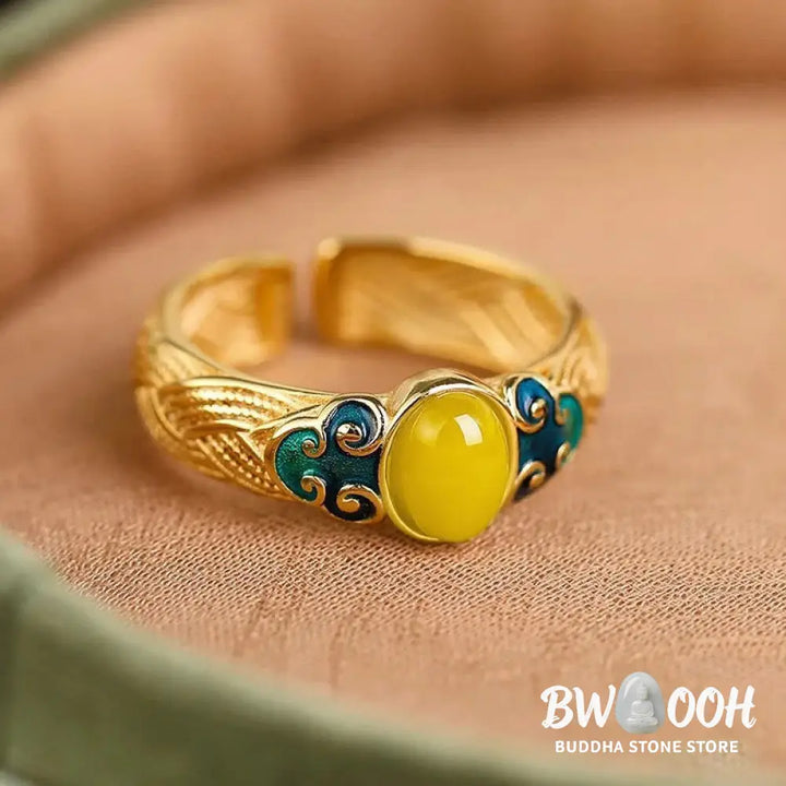 Buddha Stones Amber Copper Auspicious Clouds Focus Adjustable Ring - 17mm(Adjustable)/US5-7(Adjustable) - Ring