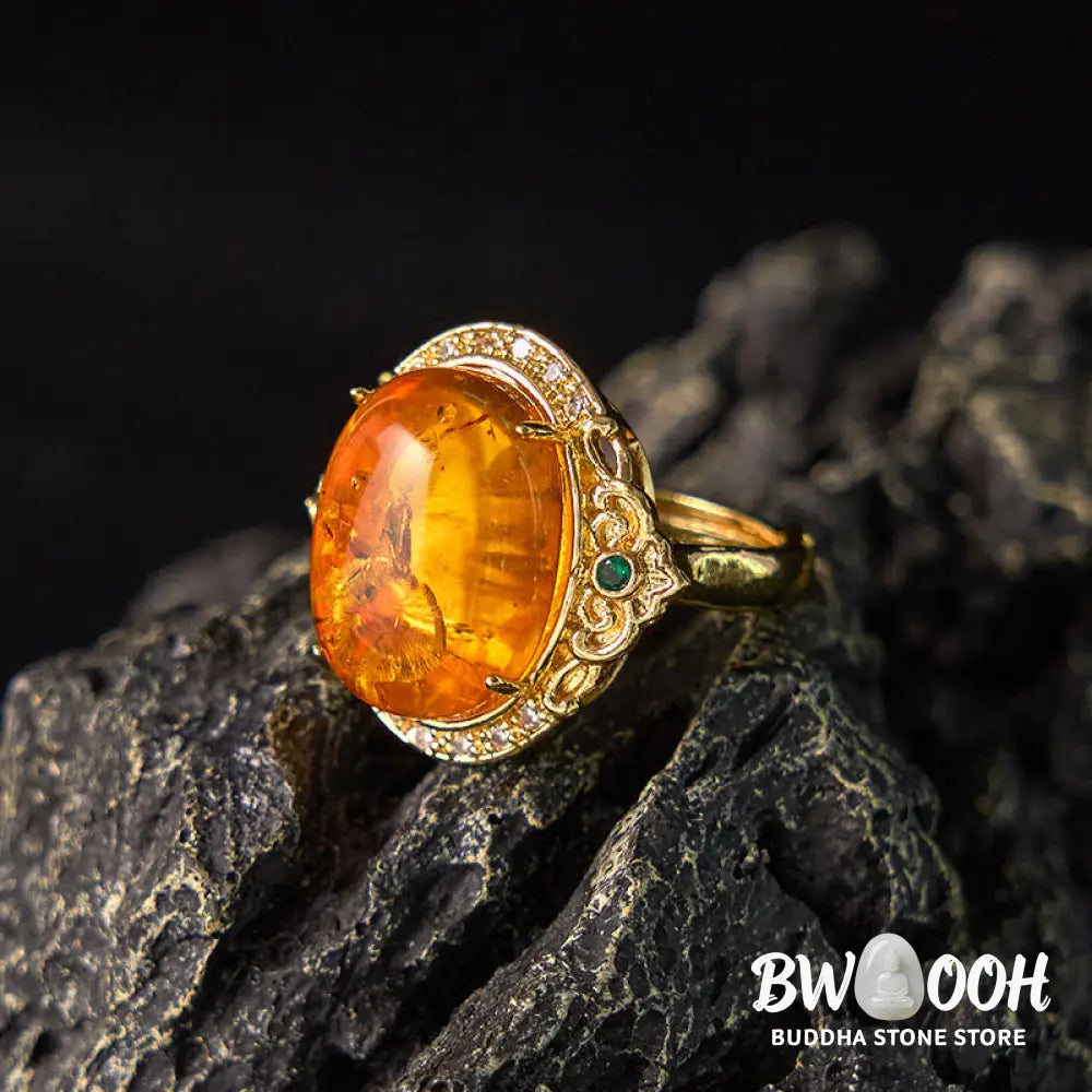 Buddha Stones Amber Flower Pigeon Egg Pattern Focus Ring - Amber(Inner Circumference: 58-62mm) - Ring