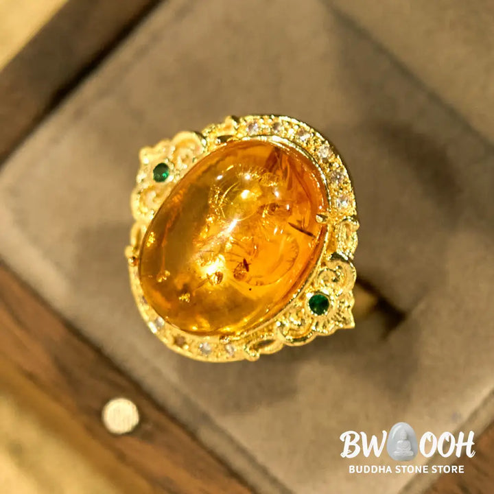 Buddha Stones Amber Flower Pigeon Egg Pattern Focus Ring - Amber(Inner Circumference: 58-62mm) - Ring