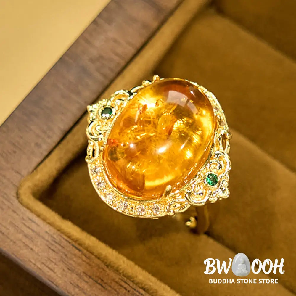 Buddha Stones Amber Flower Pigeon Egg Pattern Focus Ring - Amber(Inner Circumference: 58-62mm) - Ring