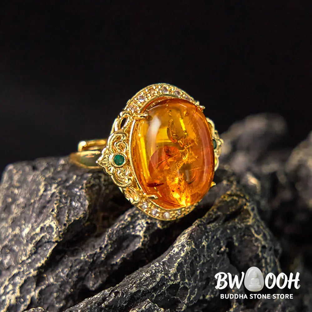 Buddha Stones Amber Flower Pigeon Egg Pattern Focus Ring - Amber(Inner Circumference: 58-62mm) - Ring