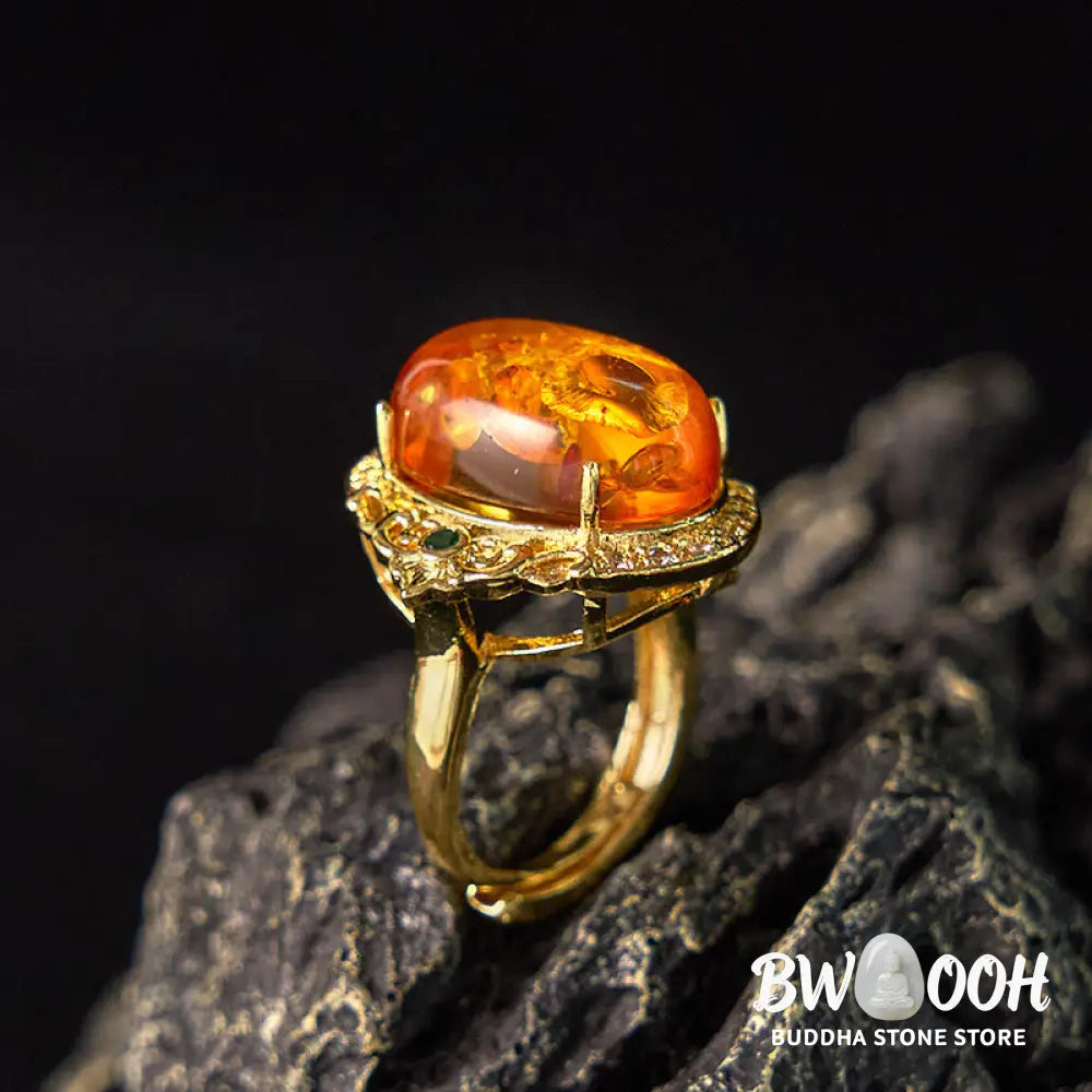 Buddha Stones Amber Flower Pigeon Egg Pattern Focus Ring - Amber(Inner Circumference: 58-62mm) - Ring