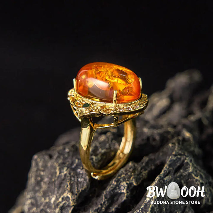 Buddha Stones Amber Flower Pigeon Egg Pattern Focus Ring - Amber(Inner Circumference: 58-62mm) - Ring