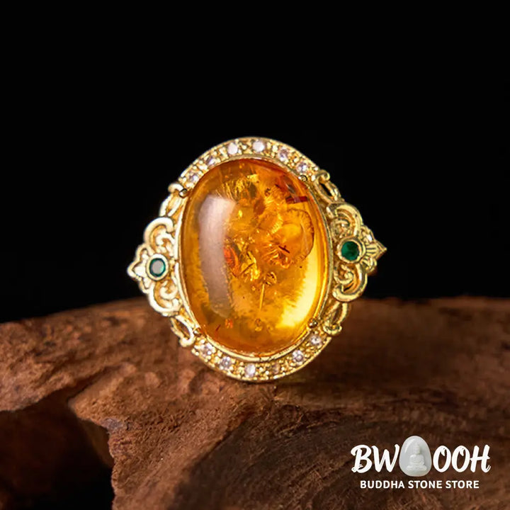 Buddha Stones Amber Flower Pigeon Egg Pattern Focus Ring - Amber(Inner Circumference: 58-62mm) - Ring