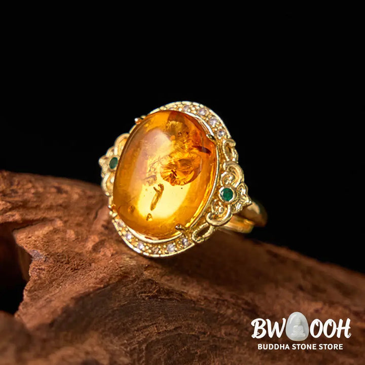 Buddha Stones Amber Flower Pigeon Egg Pattern Focus Ring - Amber(Inner Circumference: 58-62mm) - Ring
