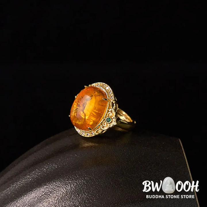 Buddha Stones Amber Flower Pigeon Egg Pattern Focus Ring - Amber(Inner Circumference: 58-62mm) - Ring