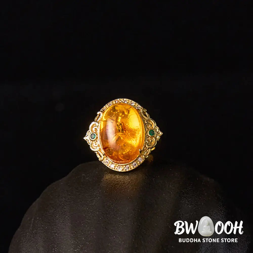 Buddha Stones Amber Flower Pigeon Egg Pattern Focus Ring - Amber(Inner Circumference: 58-62mm) - Ring
