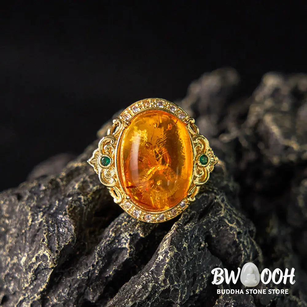 Buddha Stones Amber Flower Pigeon Egg Pattern Focus Ring - Amber(Inner Circumference: 58-62mm) - Ring
