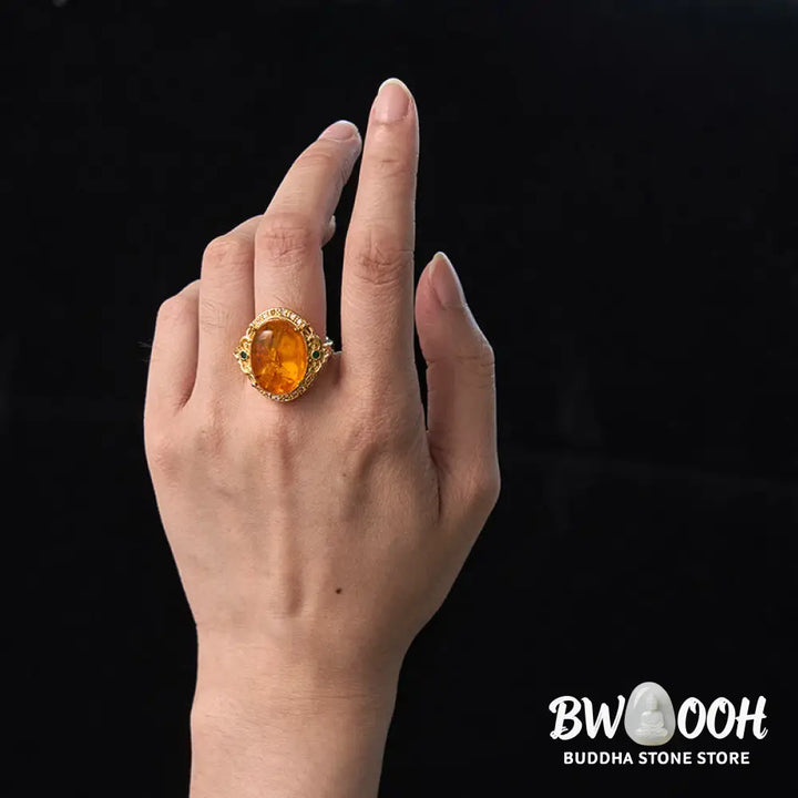 Buddha Stones Amber Flower Pigeon Egg Pattern Focus Ring - Amber(Inner Circumference: 58-62mm) - Ring