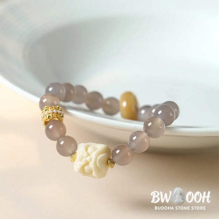 Buddha Stones Amber Gray Agate Ivory Fruit Confidence Bracelet - BWOOOH - Bracelet