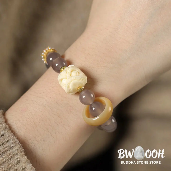 Buddha Stones Amber Gray Agate Ivory Fruit Confidence Bracelet - BWOOOH - Bracelet