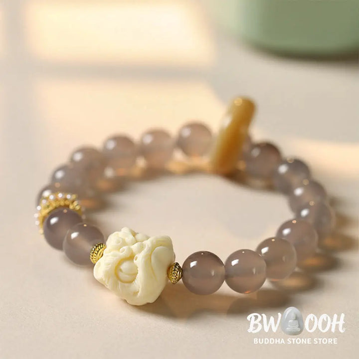 Buddha Stones Amber Gray Agate Ivory Fruit Confidence Bracelet - BWOOOH - Bracelet