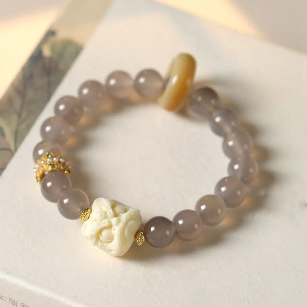 Buddha Stones Amber Gray Agate Ivory Fruit Confidence Bracelet - BWOOOH - Gray Agate(Wrist Circumference 14-16cm)
