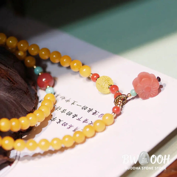 Buddha Stones Amber Healing Balance Necklace Flower Charm Bracelet - BWOOOH - Amber - Bracelet Necklaces &amp; Pendants