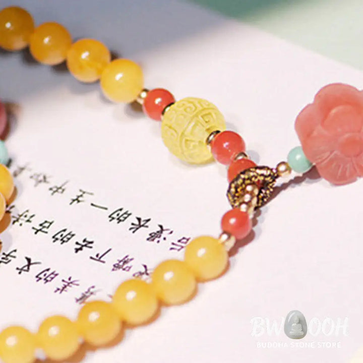 Buddha Stones Amber Healing Balance Necklace Flower Charm Bracelet - BWOOOH - Amber - Bracelet Necklaces &amp; Pendants