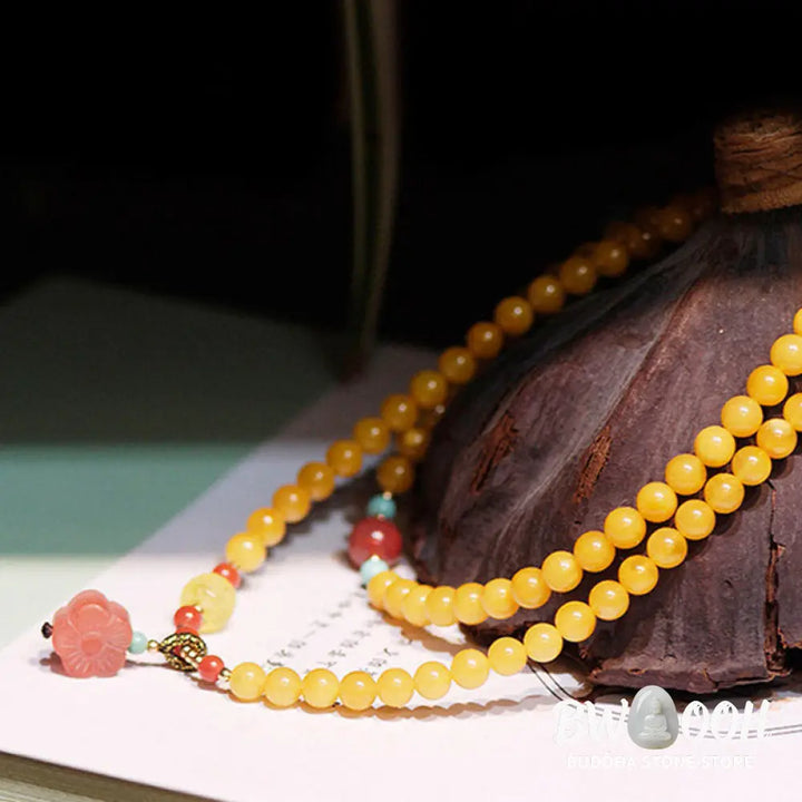 Buddha Stones Amber Healing Balance Necklace Flower Charm Bracelet - BWOOOH - Amber - Bracelet Necklaces &amp; Pendants