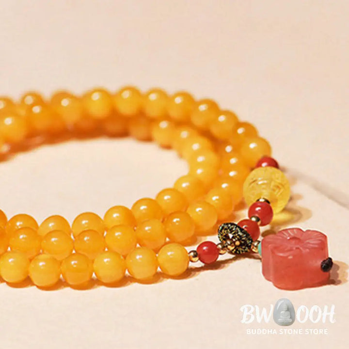 Buddha Stones Amber Healing Balance Necklace Flower Charm Bracelet - BWOOOH - Amber - Bracelet Necklaces &amp; Pendants