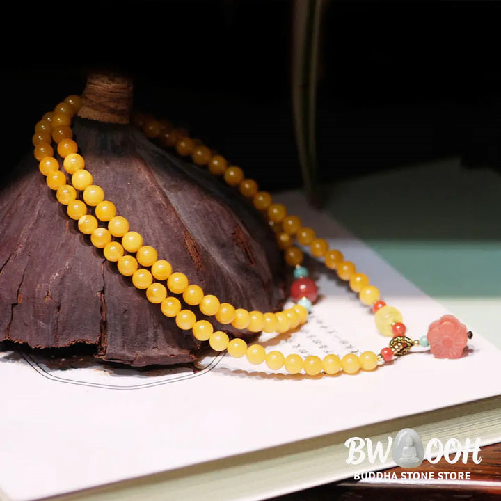 Buddha Stones Amber Healing Balance Necklace Flower Charm Bracelet - BWOOOH - Amber - Bracelet Necklaces &amp; Pendants