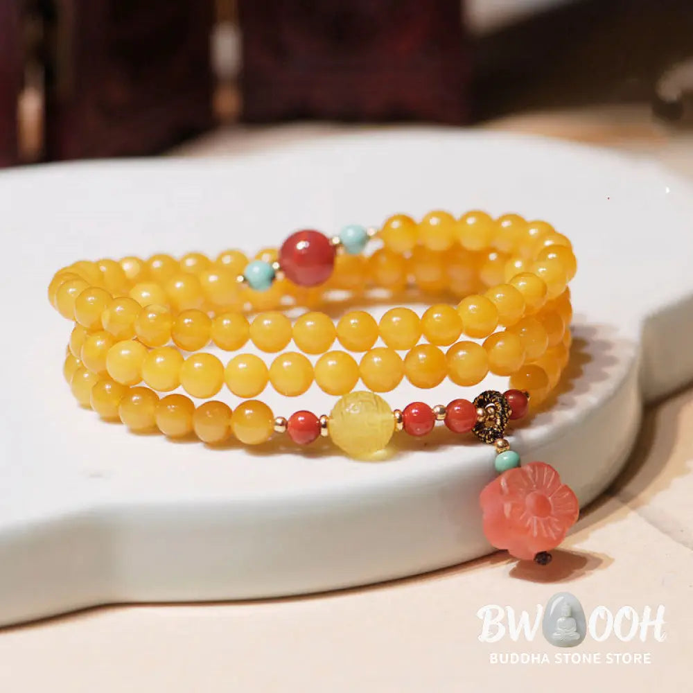 Buddha Stones Amber Healing Balance Necklace Flower Charm Bracelet - BWOOOH - Amber - Bracelet Necklaces &amp; Pendants