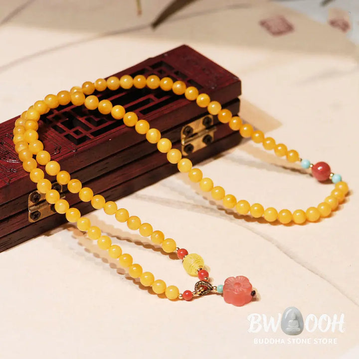 Buddha Stones Amber Healing Balance Necklace Flower Charm Bracelet - BWOOOH - Amber - Bracelet Necklaces &amp; Pendants
