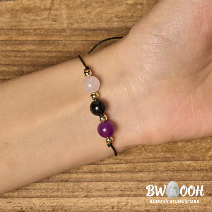 Buddha Stones Amethyst Black Tourmaline Rose Quartz Empath Card Rope Bracelet - Bracelet