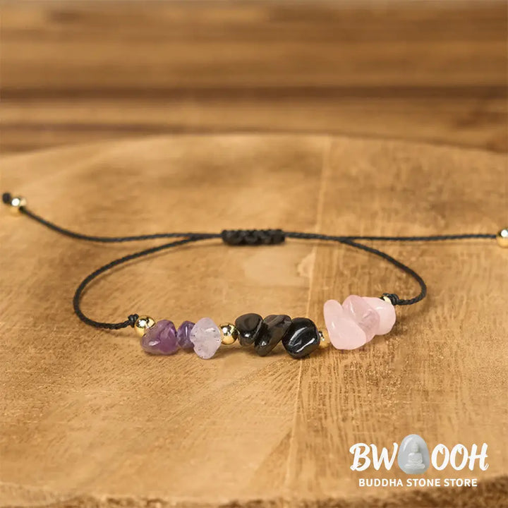 Buddha Stones Amethyst Black Tourmaline Rose Quartz Empath Card Rope Bracelet - Bracelet