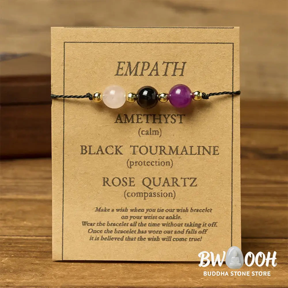 Buddha Stones Amethyst Black Tourmaline Rose Quartz Empath Card Rope Bracelet - Bracelet