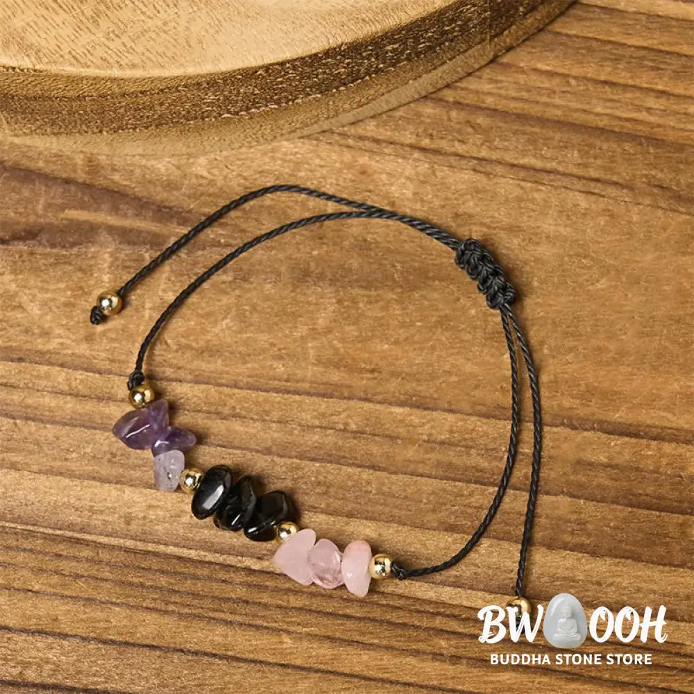 Buddha Stones Amethyst Black Tourmaline Rose Quartz Empath Card Rope Bracelet - Bracelet