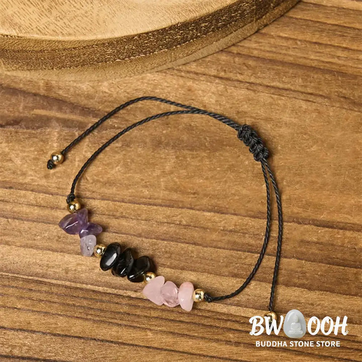 Buddha Stones Amethyst Black Tourmaline Rose Quartz Empath Card Rope Bracelet - Bracelet