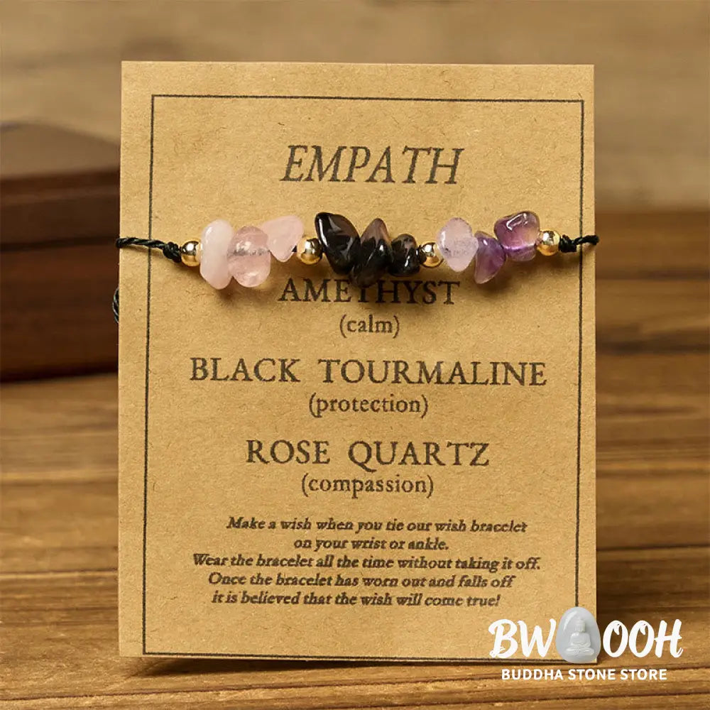 Buddha Stones Amethyst Black Tourmaline Rose Quartz Empath Card Rope Bracelet - Bracelet