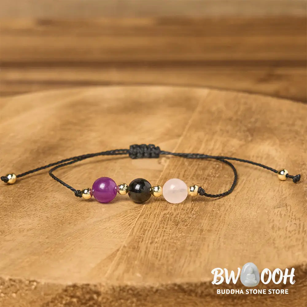 Buddha Stones Amethyst Black Tourmaline Rose Quartz Empath Card Rope Bracelet - Bracelet