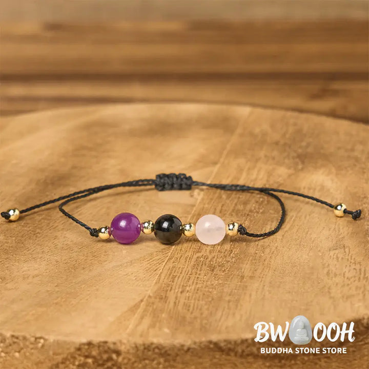 Buddha Stones Amethyst Black Tourmaline Rose Quartz Empath Card Rope Bracelet - Bracelet