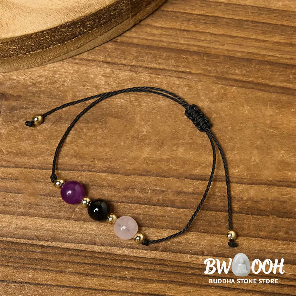 Buddha Stones Amethyst Black Tourmaline Rose Quartz Empath Card Rope Bracelet - Bracelet
