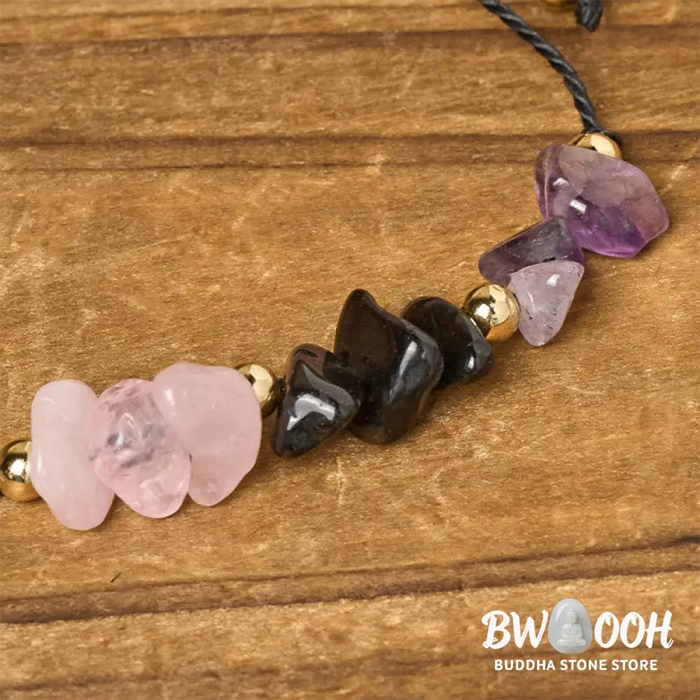 Buddha Stones Amethyst Black Tourmaline Rose Quartz Empath Card Rope Bracelet - Bracelet