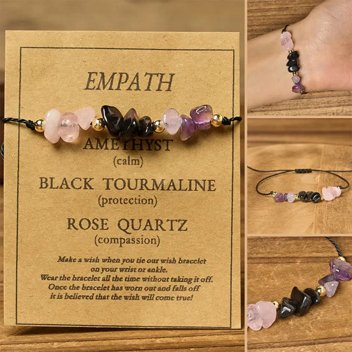 Buddha Stones Amethyst Black Tourmaline Rose Quartz Empath Card Rope Bracelet - Irregular Beads (Wrist Circumference: