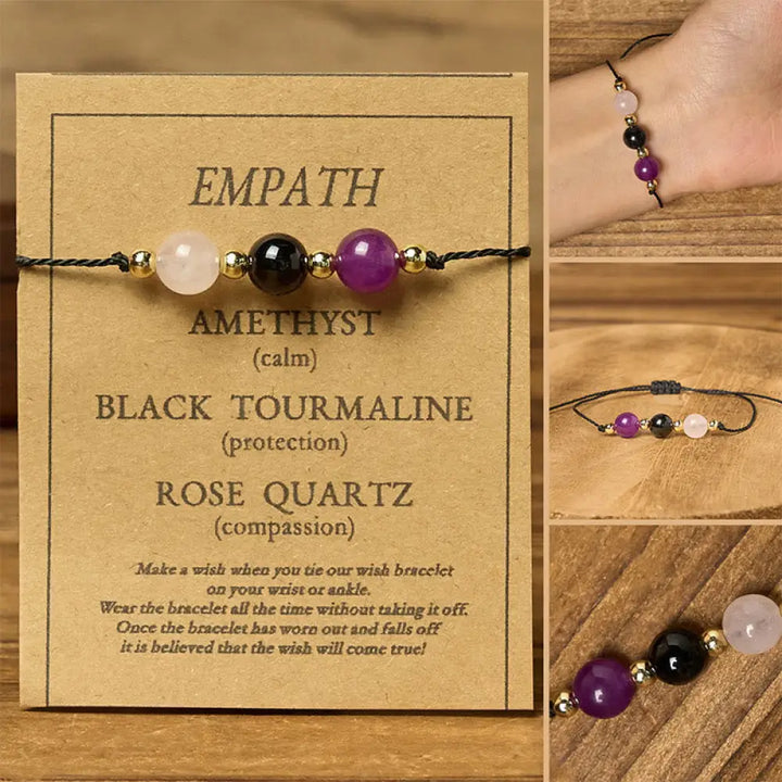 Buddha Stones Amethyst Black Tourmaline Rose Quartz Empath Card Rope Bracelet - Round Beads(Wrist Circumference: