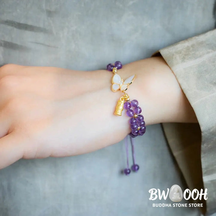Buddha Stones Amethyst Butterfly Bamboo Balance Relieves Stress Braided String Bracelet - BWOOOH - Amethyst(Wrist