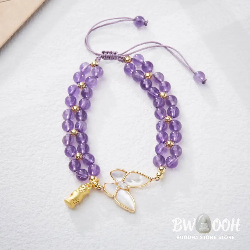 Buddha Stones Amethyst Butterfly Bamboo Balance Relieves Stress Braided String Bracelet - BWOOOH - Amethyst(Wrist