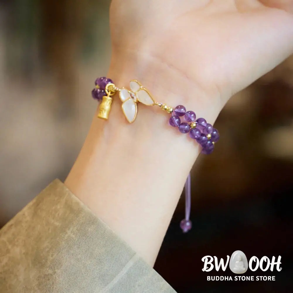 Buddha Stones Amethyst Butterfly Bamboo Balance Relieves Stress Braided String Bracelet - BWOOOH - Amethyst(Wrist