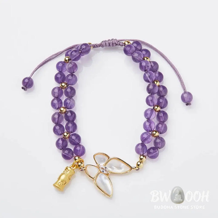 Buddha Stones Amethyst Butterfly Bamboo Balance Relieves Stress Braided String Bracelet - BWOOOH - Amethyst(Wrist