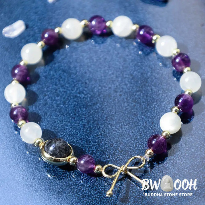 Buddha Stones Amethyst Cat Eye Black Rutilated Quartz Spiritual Bead Bracelet - BWOOOH - Amethyst&amp;Cat Eye - Bracelet