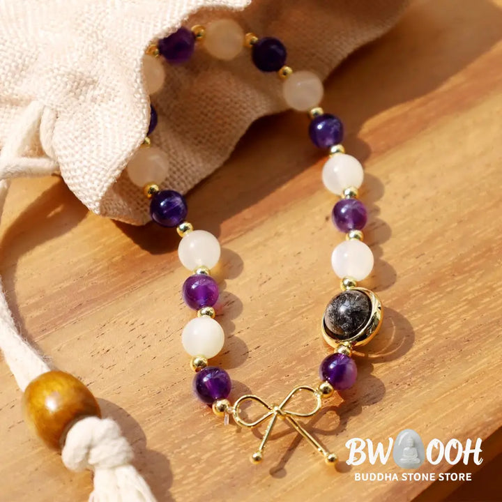 Buddha Stones Amethyst Cat Eye Black Rutilated Quartz Spiritual Bead Bracelet - BWOOOH - Amethyst&amp;Cat Eye - Bracelet