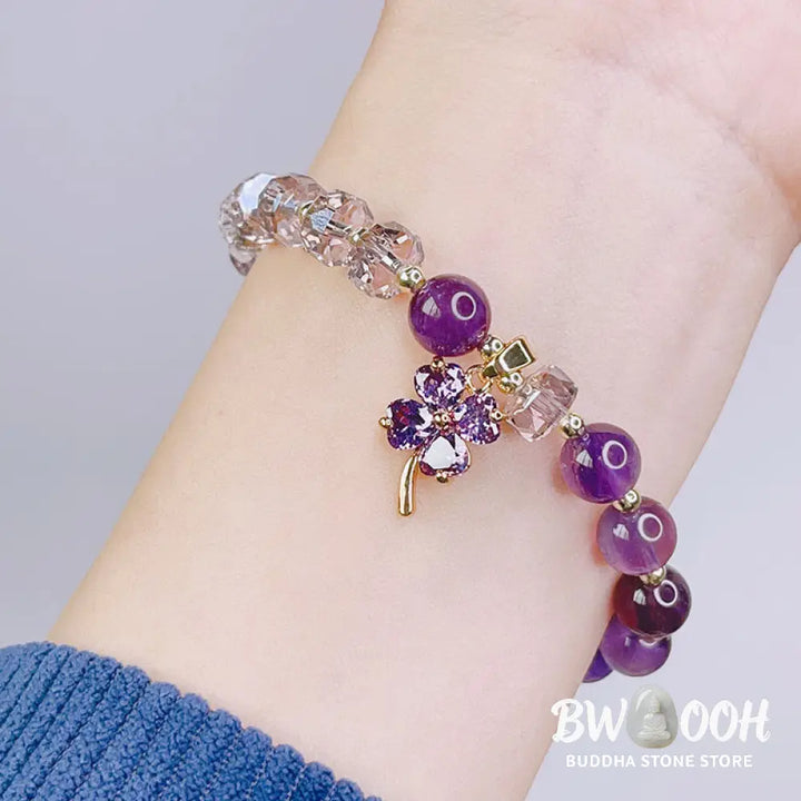 BWOOOH Amethyst Crystal Four Leaf Clover Healing Charm Bracelet | spiritual healing bracelet