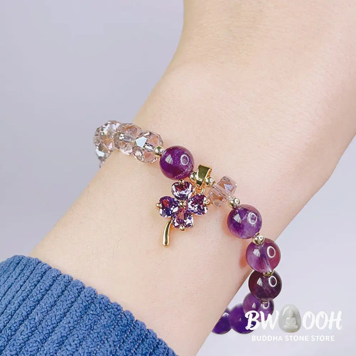 BWOOOH Amethyst Crystal Four Leaf Clover Healing Charm Bracelet | spiritual healing bracelet