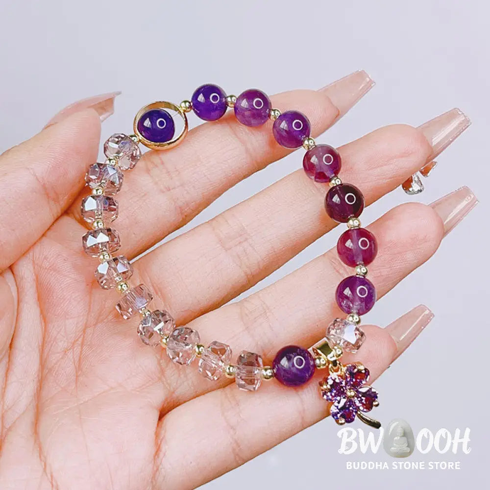 BWOOOH Amethyst Crystal Four Leaf Clover Healing Charm Bracelet | spiritual healing bracelet