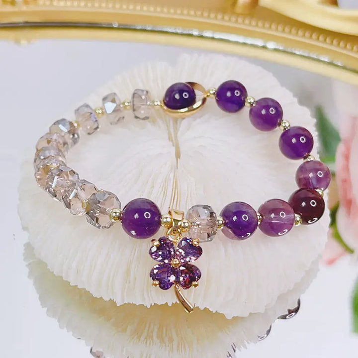 BWOOOH Amethyst Crystal Four Leaf Clover Healing Charm Bracelet | spiritual healing bracelet