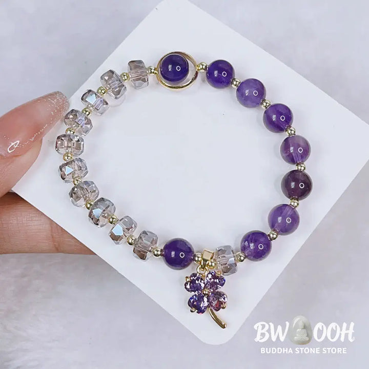BWOOOH Amethyst Crystal Four Leaf Clover Healing Charm Bracelet | spiritual healing bracelet
